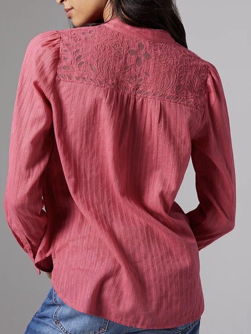 Anthropologie Pilcro The Victoria Lace Button Down Blouse Pink Metallic Sz 14 - Picture 3 of 14